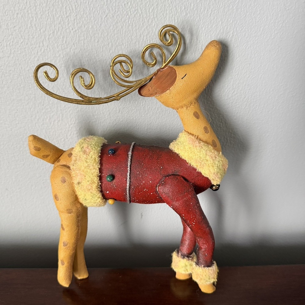 Hardened Cloth Reindeer Wearing Santa Suit Filigree Metal Antlers